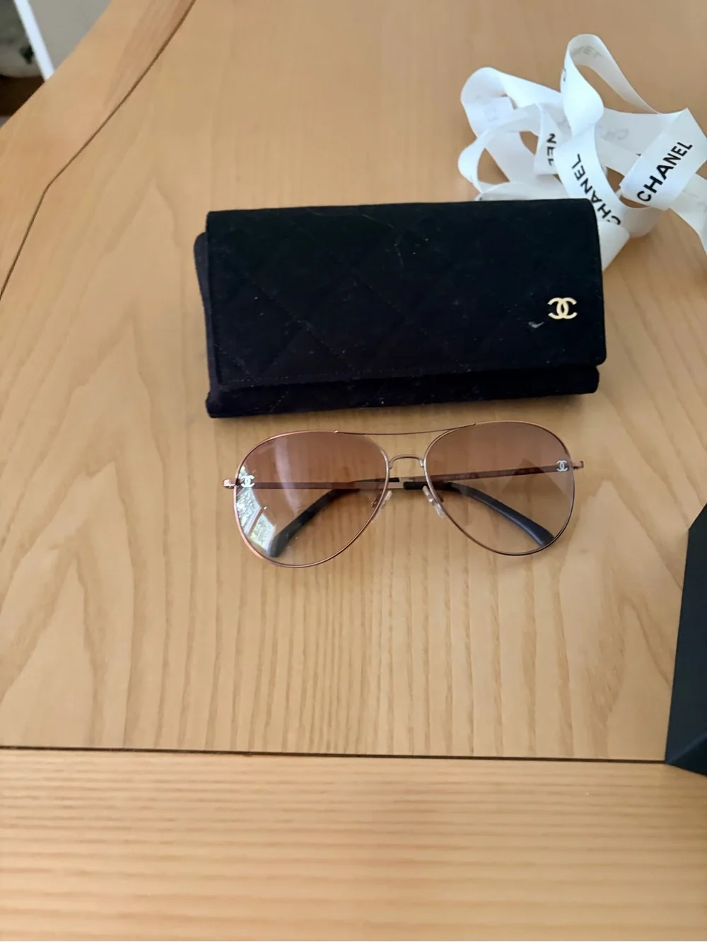 CHANEL Pink Gold Aviator Sunglasses with Beige Gradient Lenses